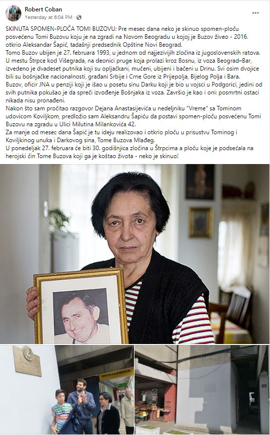 Skinuta spomen ploča Tomu Buzovu na Novom Beogradu Ubijen jer je hteo